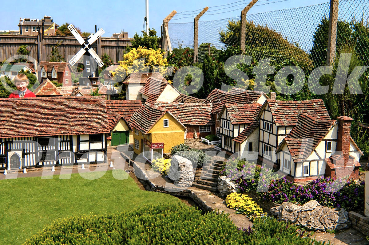 1970s view of Hastings Model Village with miniature timber-framed buildings