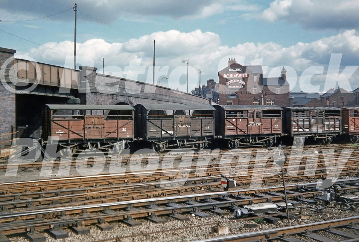1950s view of North Bridge Road in Doncaster with cattle trucks in railway sidings and the Brown Cow pub behind advertising Taddy Ales and Samuel Smith’s brewery