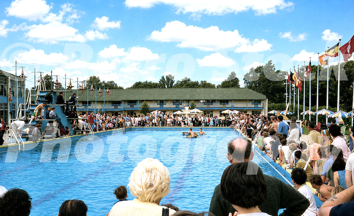 Butlins Bognor Regis outdoor pool in the 1960s with spectators, diving platform, flags and a pool competition