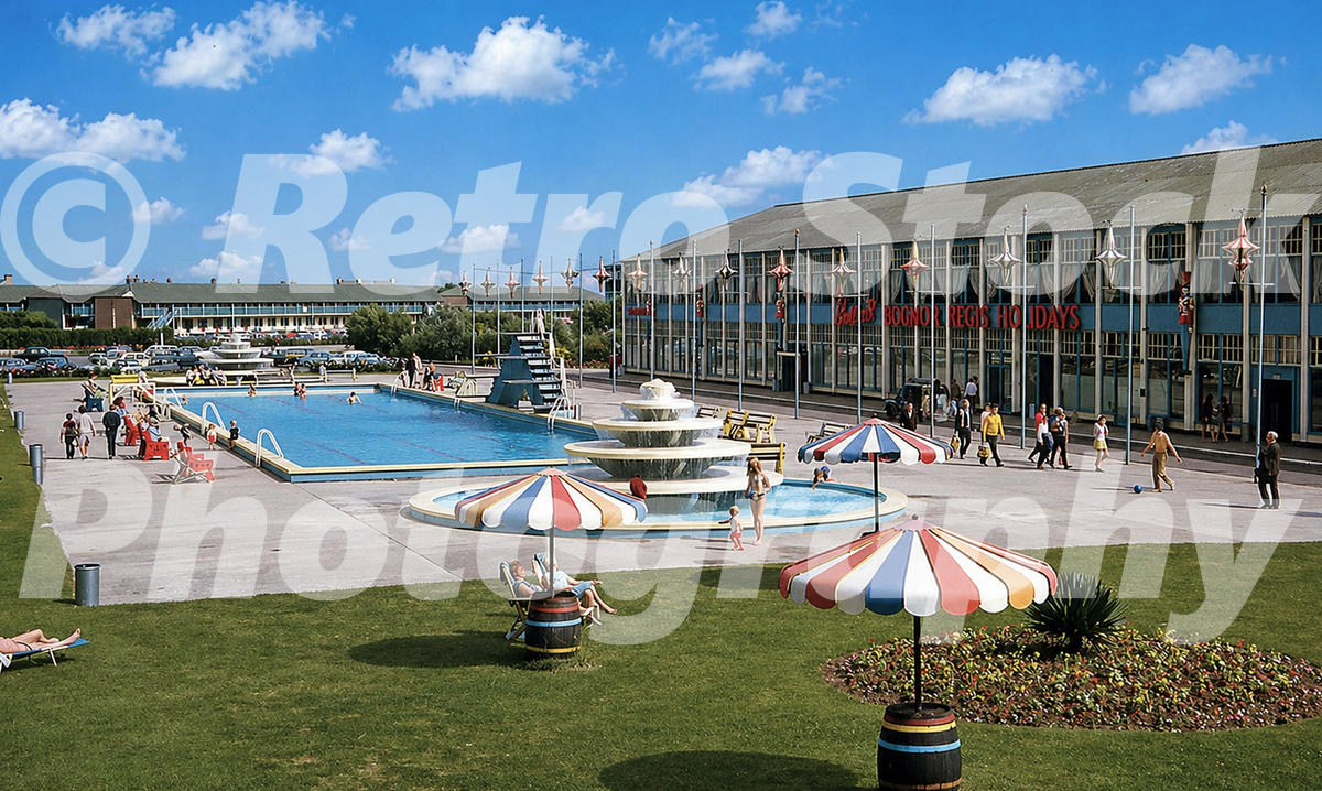 Butlins Bognor Regis outdoor pool with tiered fountain, striped parasols and Bognor Regis Holidays sign, 1960s