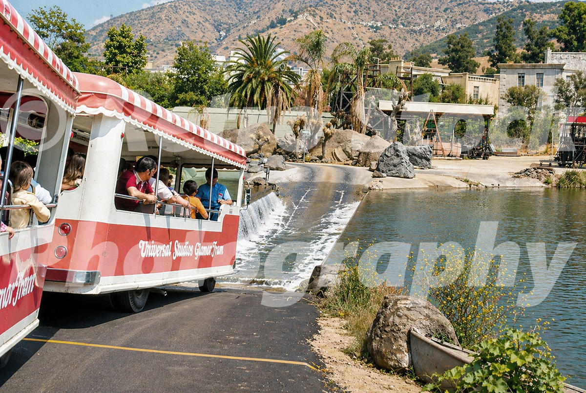 A 1970s color photo of a Universal Studios Glamor Tram driving through the Parting of the Red Sea attraction on the backlot in Hollywood, California.