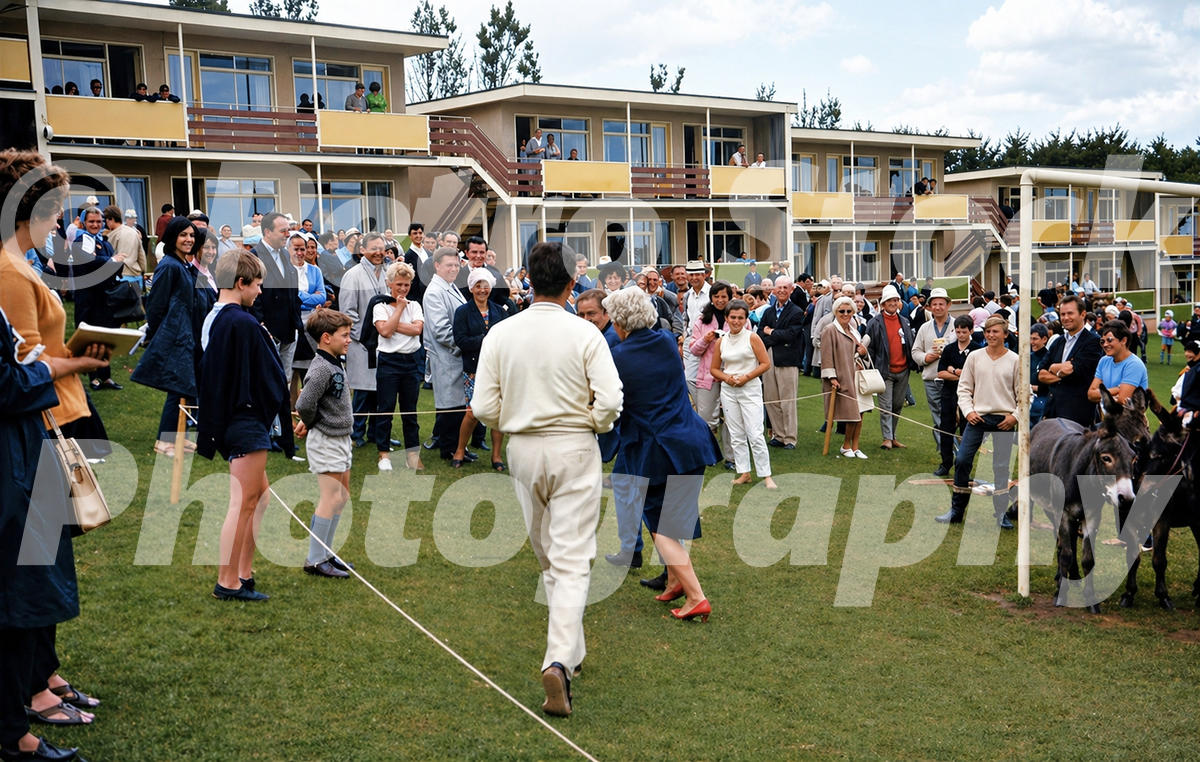 Pontins South Devon Holiday Camp donkey derby at Paignton in the 1960s with spectators, roped course, donkey and balcony accommodation block