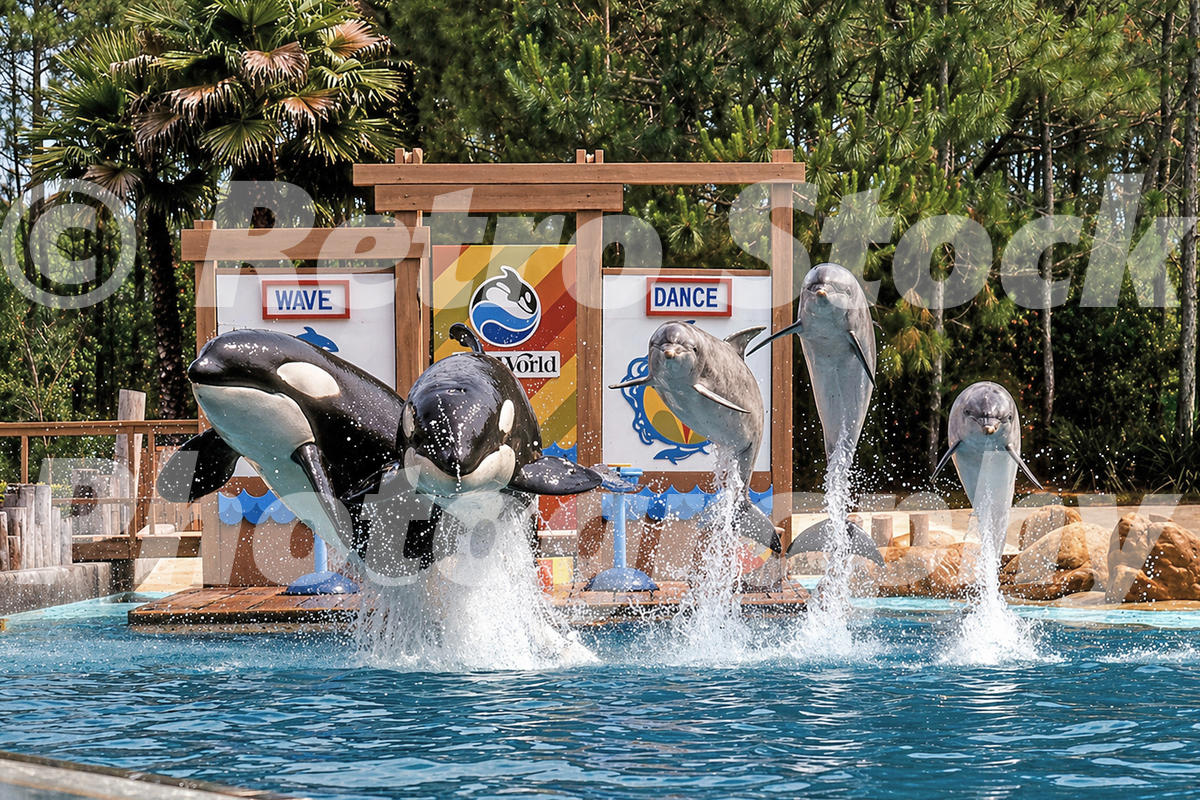 A 1980s color photo of three dolphins and two orcas leaping simultaneously during a performance at SeaWorld in Florida, with "WAVE" and "DANCE" signs in the background.