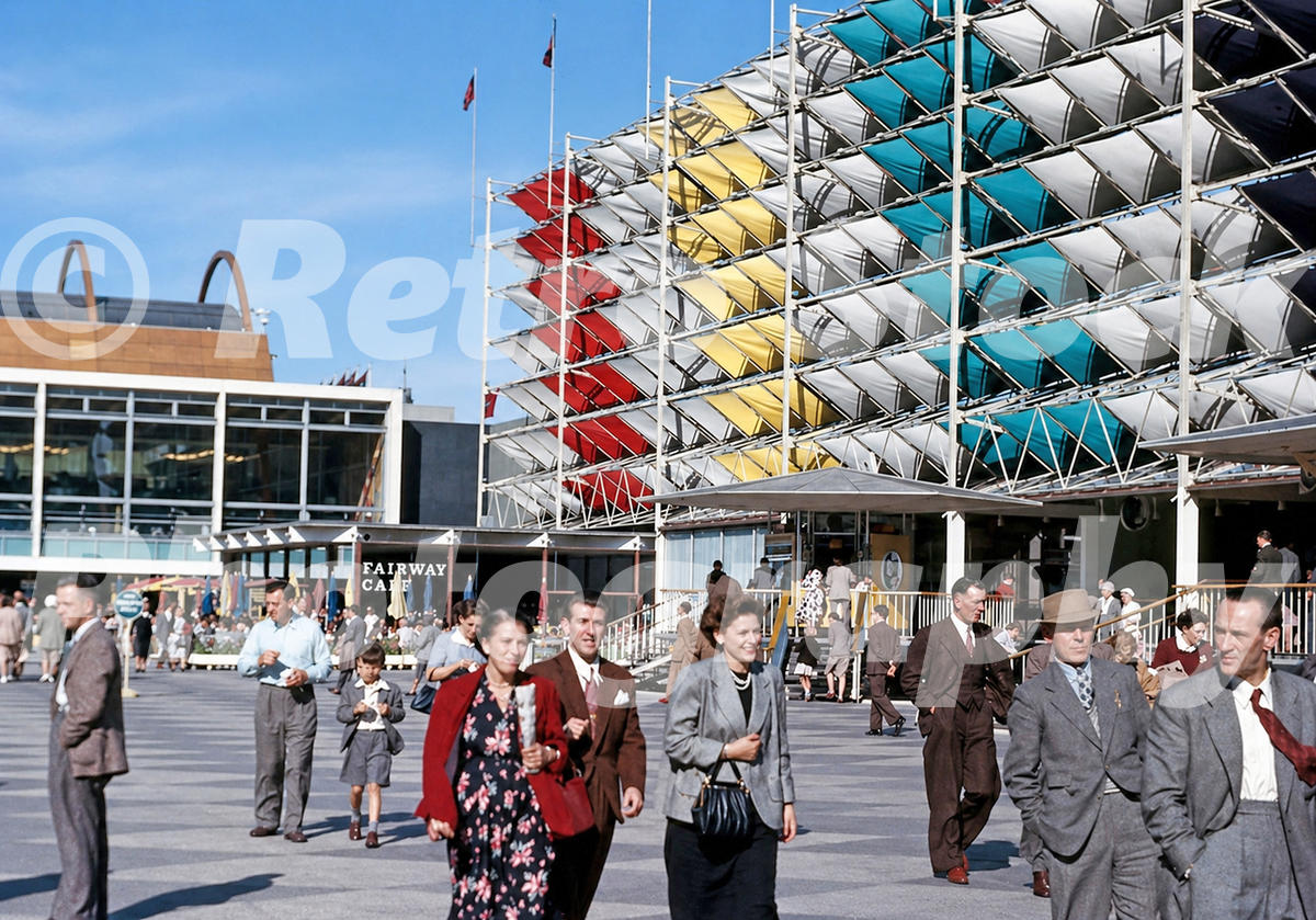 south-bank-festival-of-britain-1951_55239344600_o Vintage 1950s colour photo of the South Bank Festival of Britain site in London with the York Road elevation, Fairway Café and crowds.