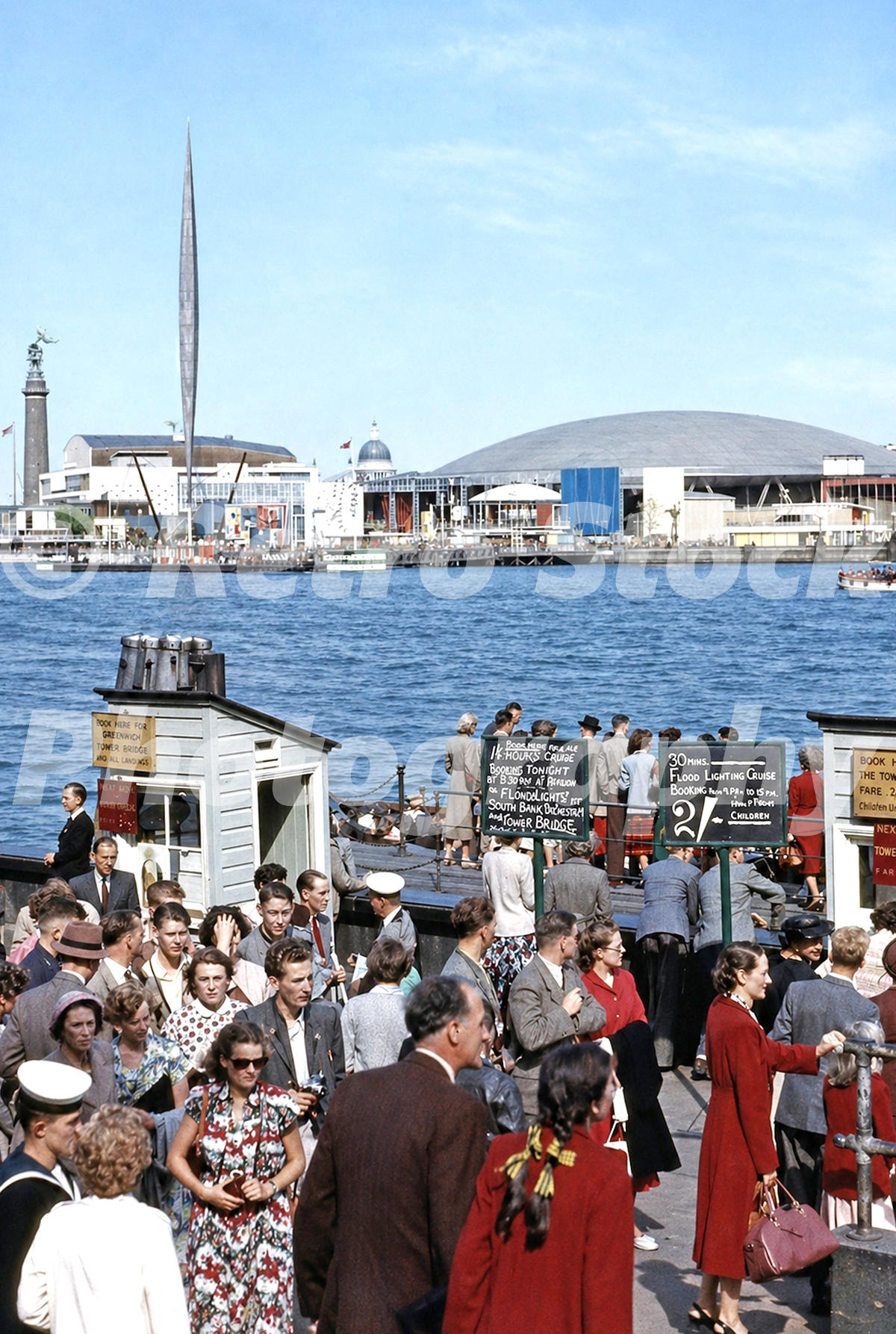 Vintage 1950s colour photo looking across the River Thames towards the South Bank site of the Festival of Britain in London, with Skylon and the Dome of Discovery.