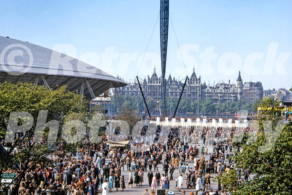 south-bank-skylon-festival-of-britain-1951_55239410988_o Vintage 1950s colour photo of the Dome of Discovery and Skylon at the Festival of Britain on the South Bank in London.