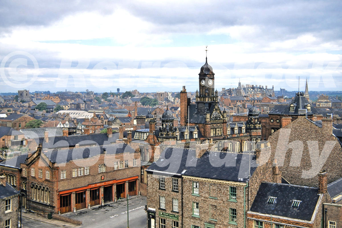 North-east view from Clifford’s Tower over York rooftops and Clifford Street in the 1950s