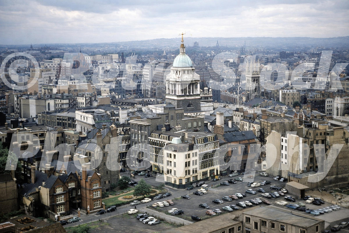 view-from-st-pauls-cathedral-1950s_55231894573_o 1950s colour photo from St Paul’s Cathedral looking across the City of London towards the Old Bailey and St Sepulchre-without-Newgate.