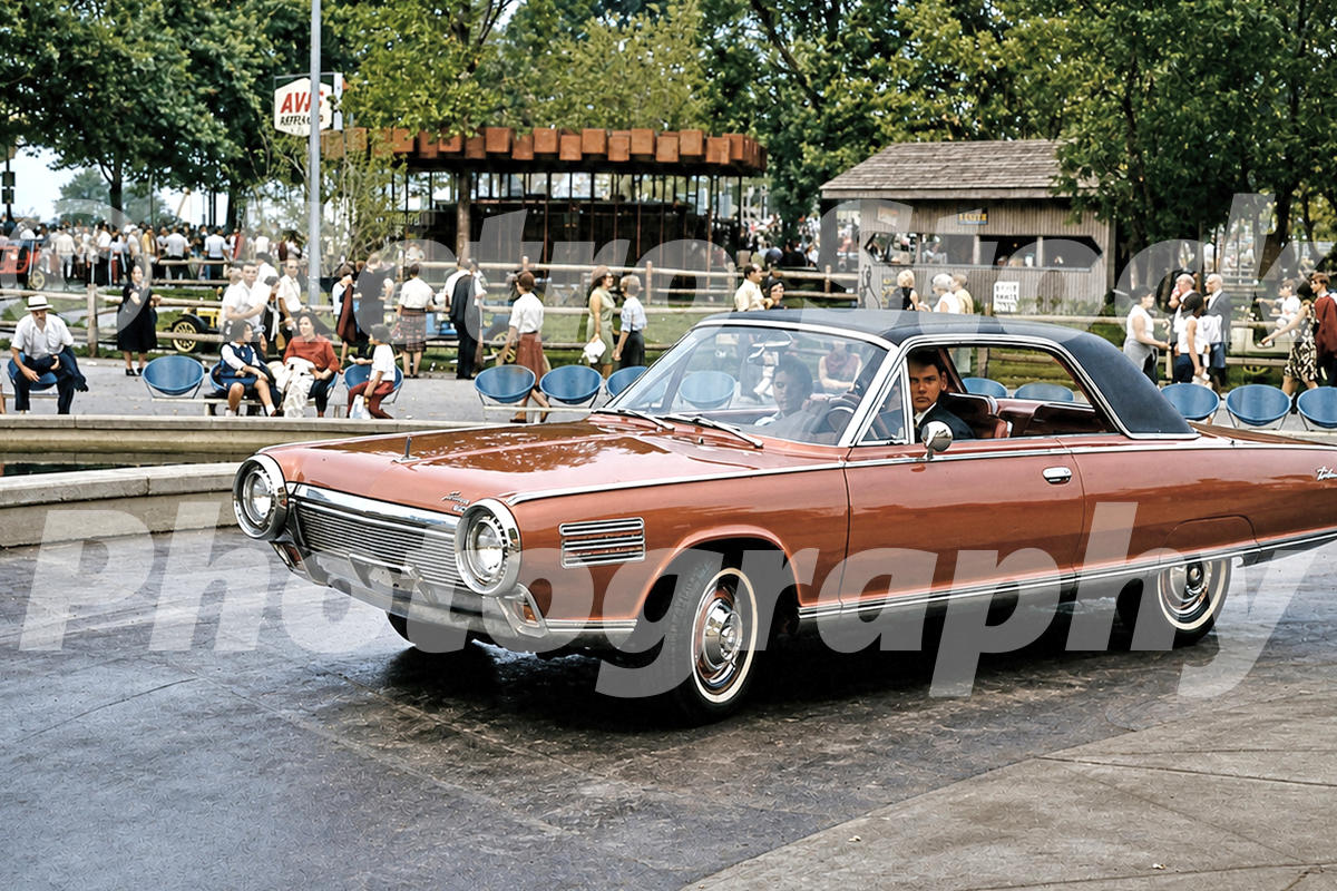 1960s color view of a Chrysler Turbine Car at the New York World’s Fair, with visitors and exhibition buildings in the background.