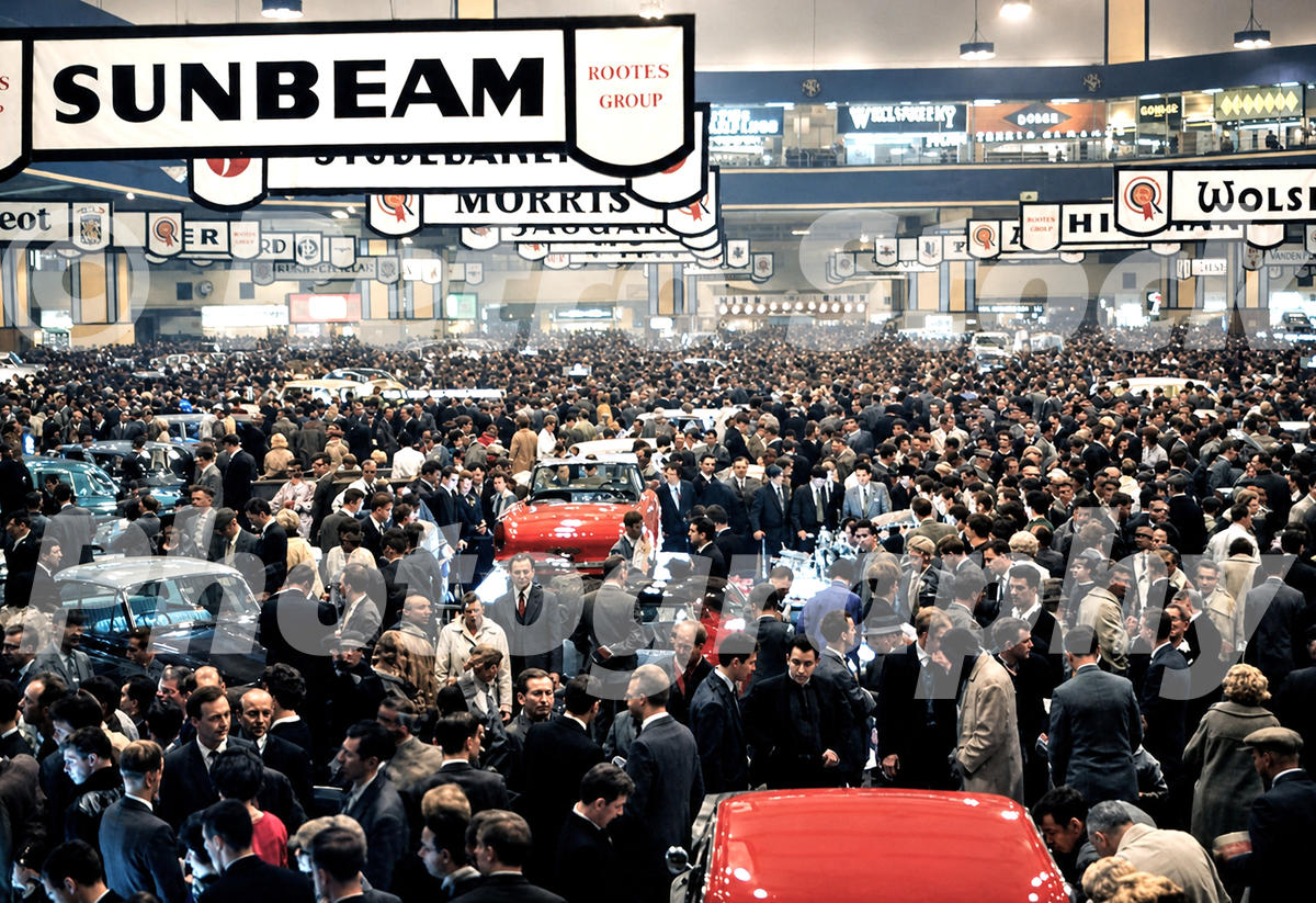 A 1960s colour photo of a dense crowd surrounding the Sunbeam and Morris exhibition stands at the London Motor Show in 1962.