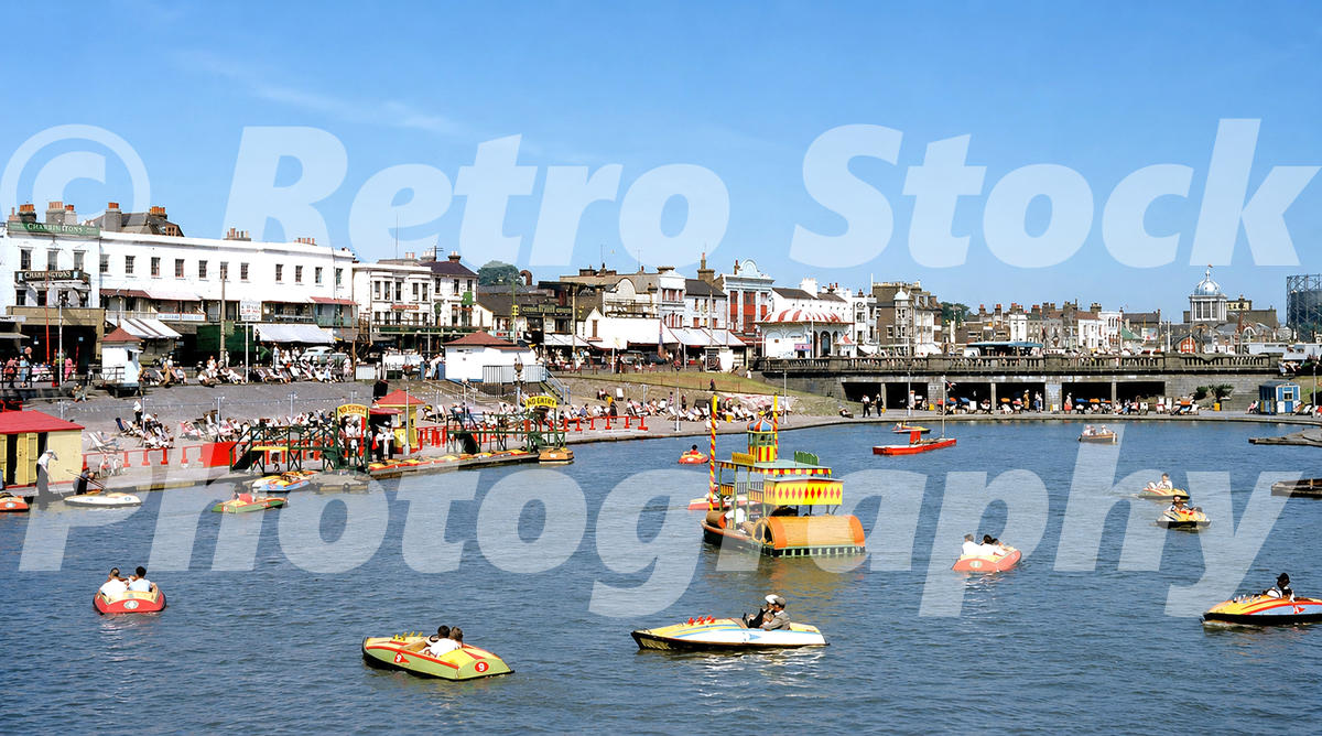 Boating Lake Southend-on-Sea 1950s vintage photo showing pedal boats beside Southend Pier