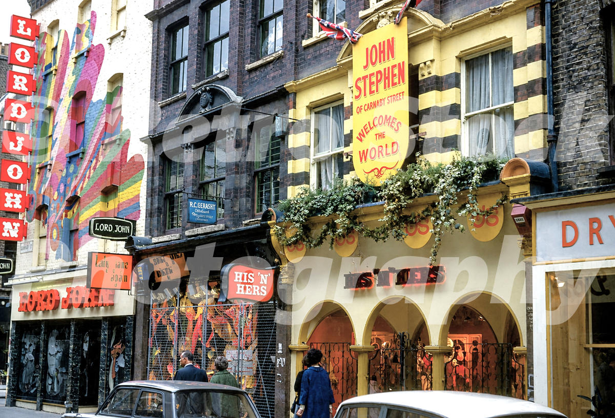 A 1960s colour photo of the Lord John, His ‘N’ Hers and John Stephen boutiques on Carnaby Street in 1969.