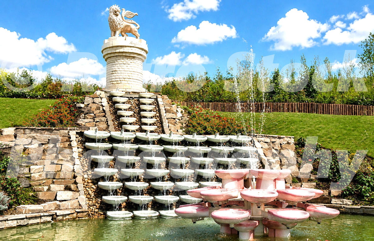 1980s view of a ceramic fountain made from sinks and toilets at the Stoke-on-Trent Garden Festival, with lawns, planting and a lion sculpture behind.