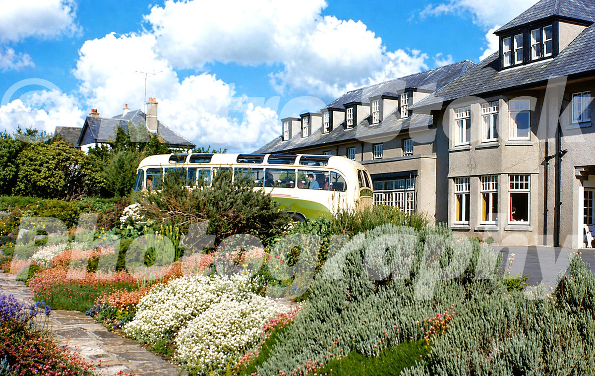 Cliff Head Hotel at Carlyon Bay with coach and gardens, 1958