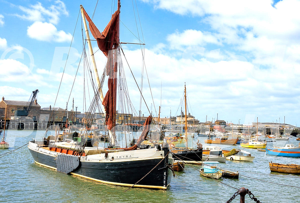 1960s photos of Thames sailing barge Thyra at Folkestone Harbour in Kent