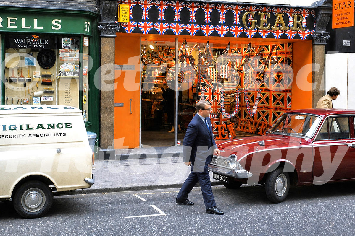 1960s photo of the Gear boutique on Carnaby Street, one of the most influential fashion shops of the Swinging London era