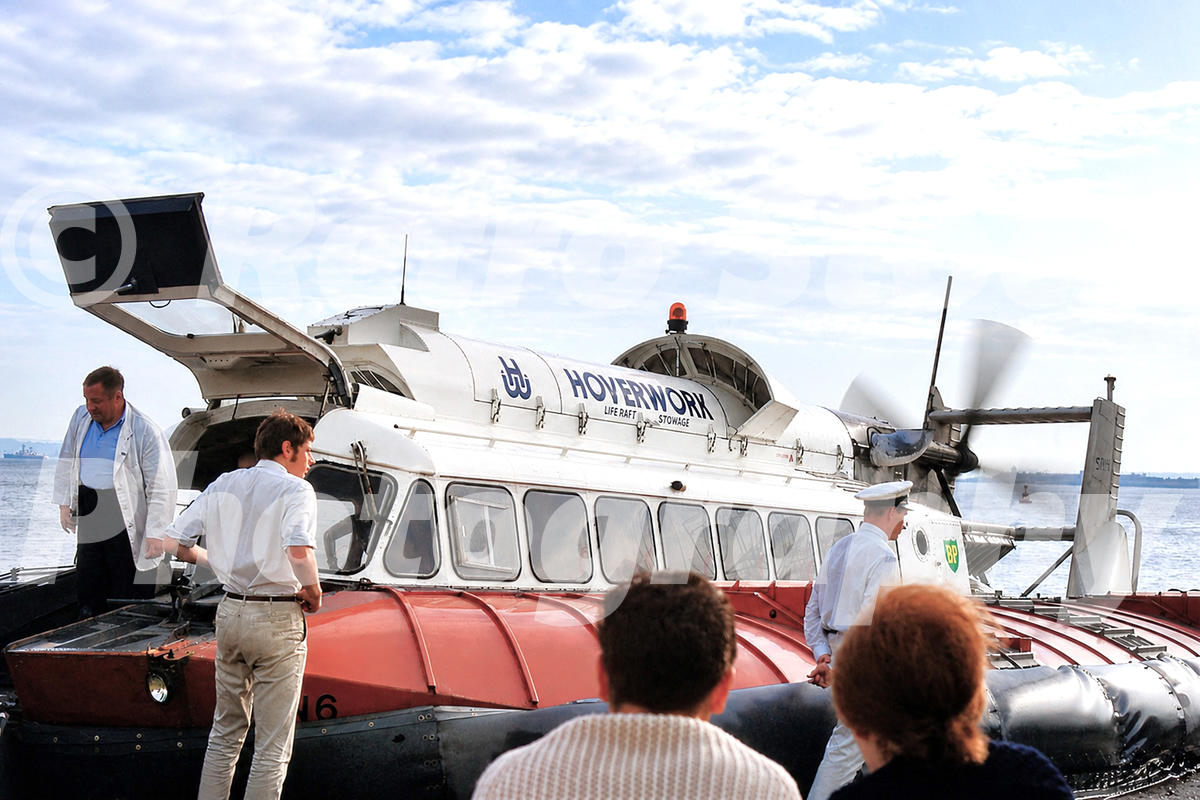 Hoverwork SRN6 hovercraft at Southsea in 1967 with passengers boarding.