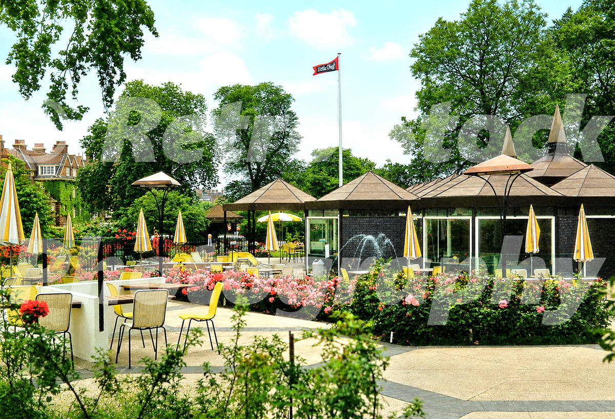 A 1960s colour photo of the modern Little Chef restaurant pavilions and outdoor seating surrounded by roses in Regent's Park in 1965.