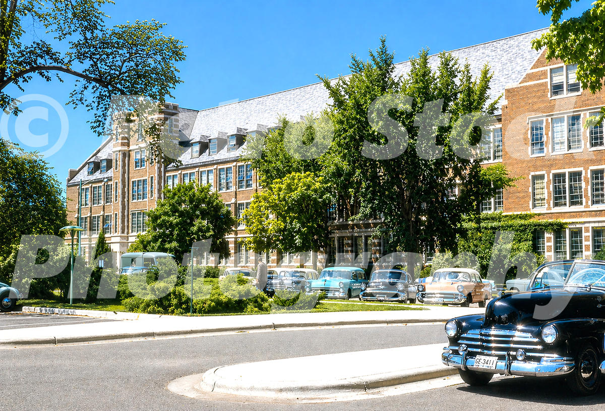 A 1950s color photo of Landon Hall at Michigan State University in East Lansing, featuring Collegiate Gothic brick architecture and a parking lot filled with vintage 1950s cars.