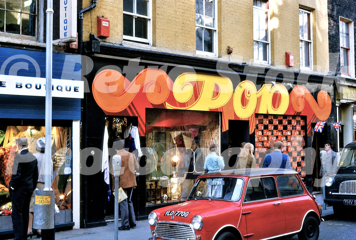 mini on carnaby street london 1960s A 1960s colour photo of a red Mini parked outside the vibrant Pop boutique on Carnaby Street in 1969.